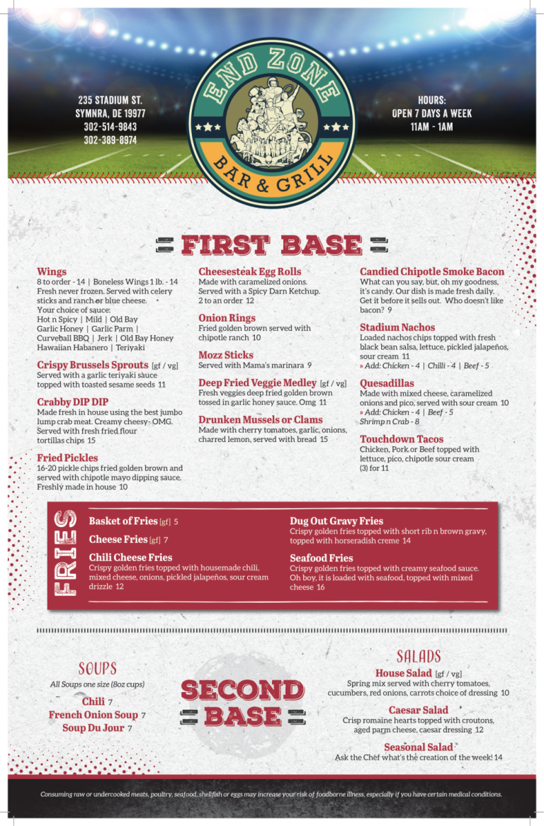 Menu Endzone Bar And Grill
